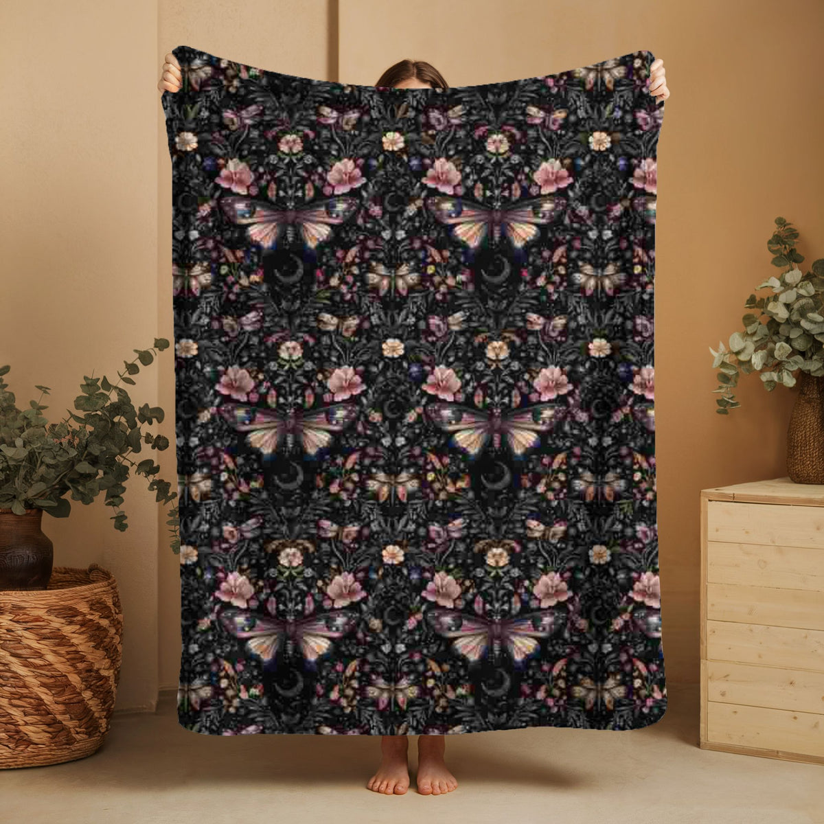 Gothic Fleece Blanket - Butterfly Moon - Luxury Twin / Double Velveteen Fleece Blanket