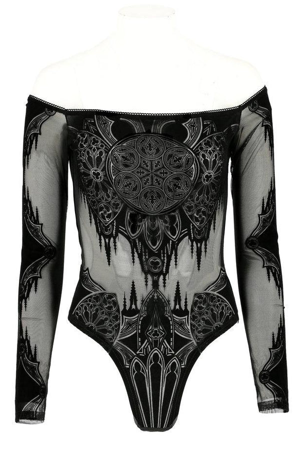 Restyle Gothic Bodysuit - Snake & Cathedral Design Mit Mesh Ärmeln