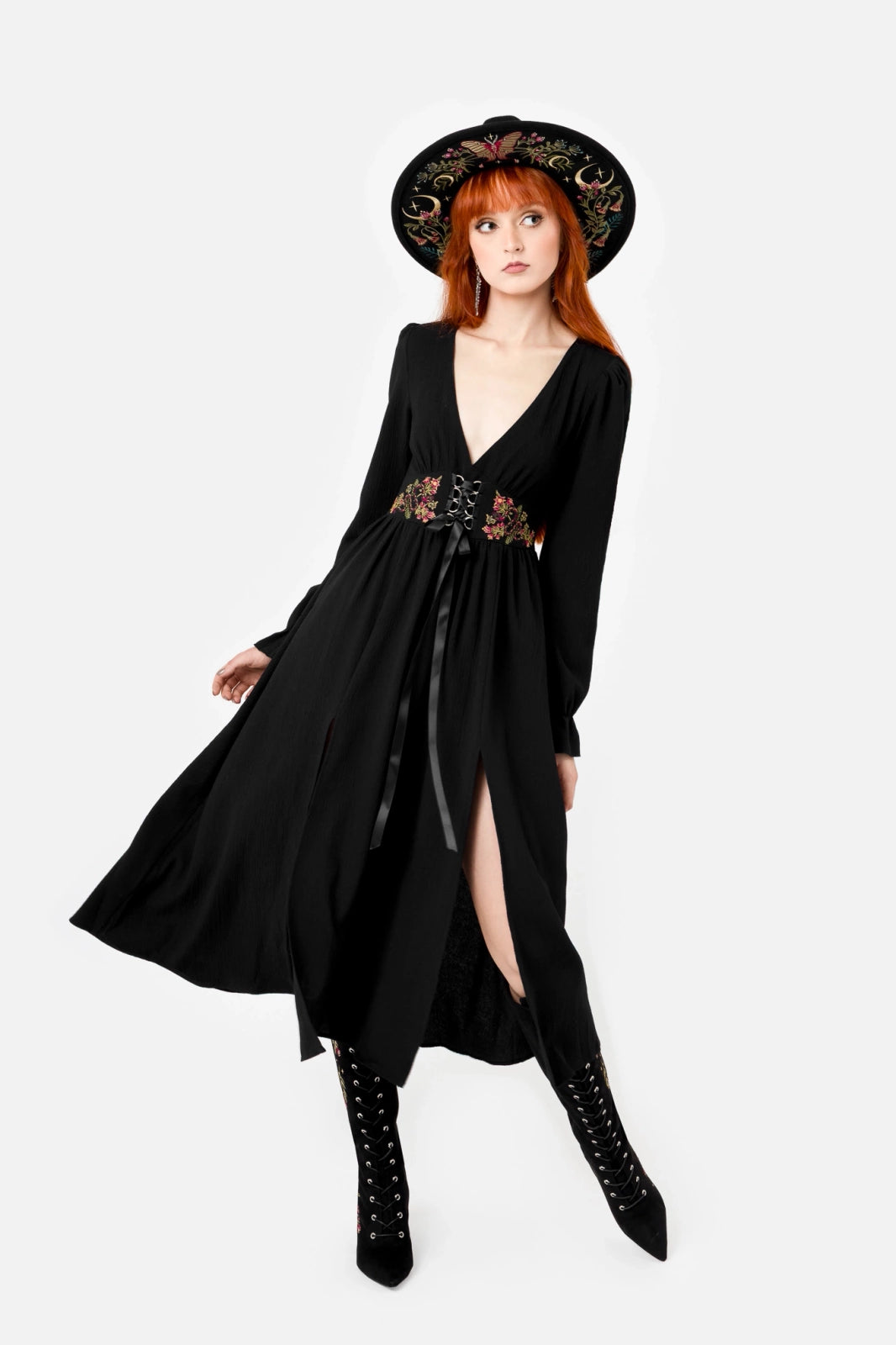 gothic midi dress Black Floral Gothic Midi Dress Black / XS