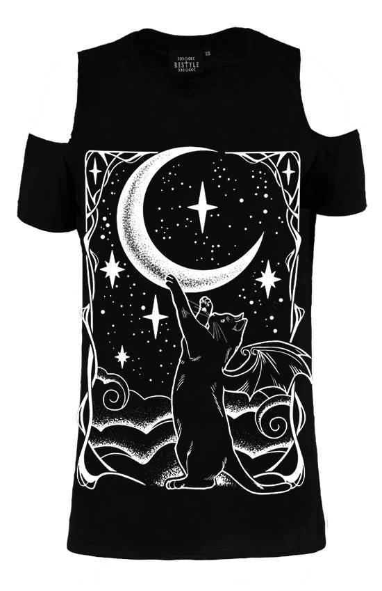 Restyle - Cat Moon Crescent - Women's Cold Shoulder T-Shirt - Wild Star Hearts 