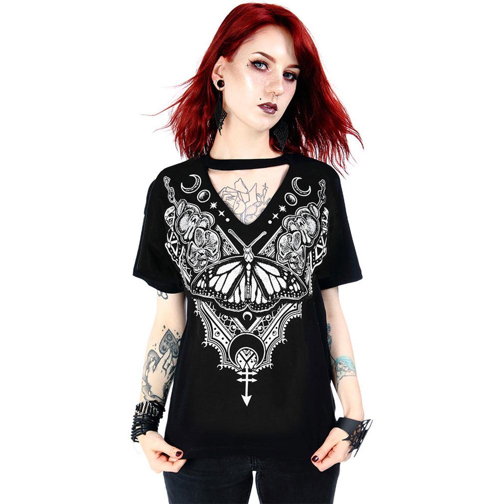 Model wearing Henna Butterfly top by Restyle Clothing