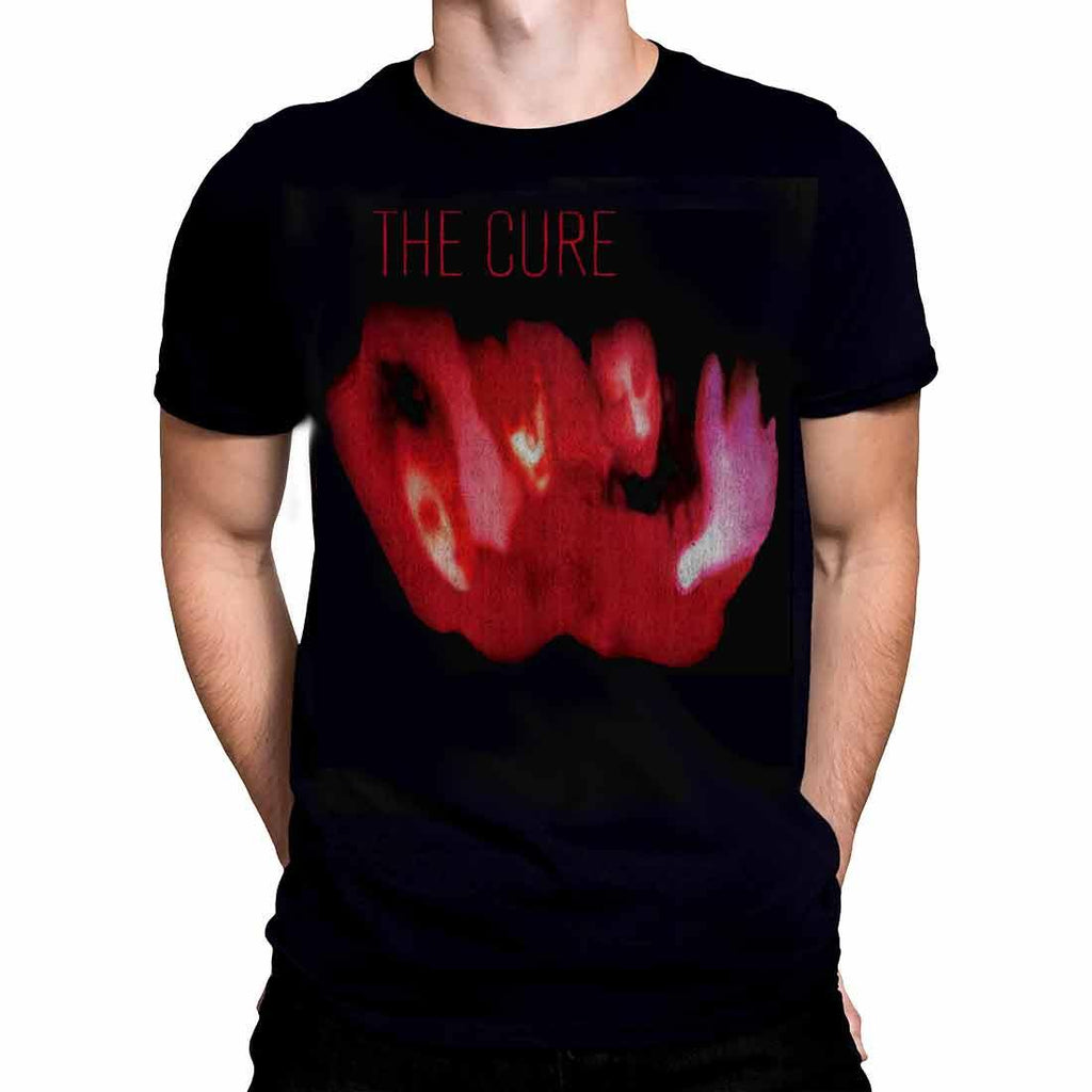 Image shows model wearing the t-shirt The Cure Pornography