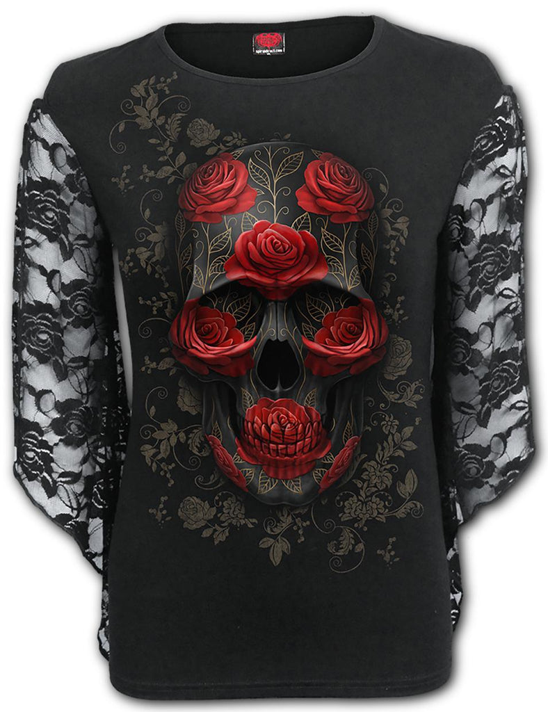 Spiral - Ornate Skull - Rose Lace Sleeve Top - Wild Star Hearts 