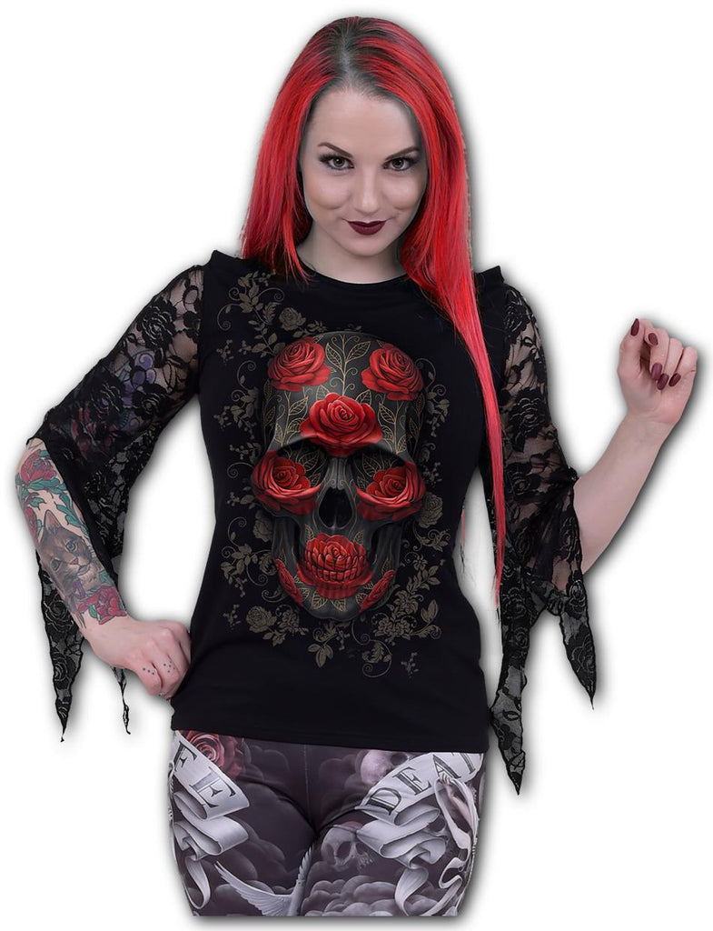 Spiral - Ornate Skull - Rose Lace Sleeve Top - Wild Star Hearts 