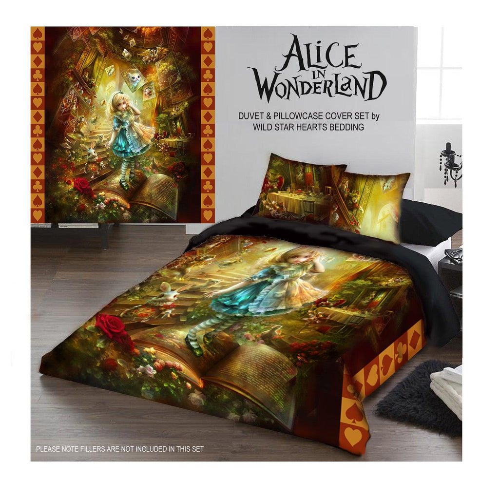 Alice in Wonderland Duvet Set shown on a Bed